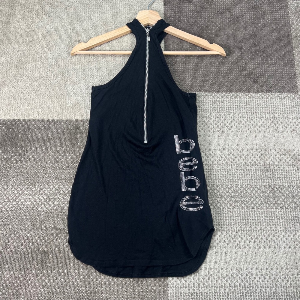 Vintage Y2K‎ Bebe Black Rhinestone Logo Halter Tank Top Zip Front Shirt Womens S